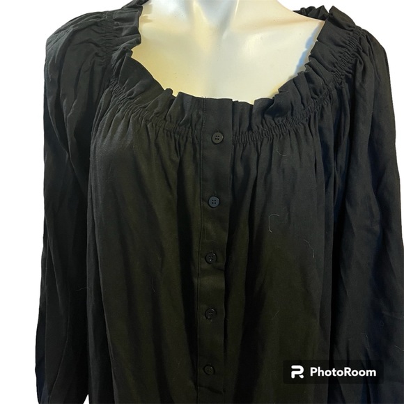 Eloquii Linen Black Dress Button Front Long Sleeves Round Neck Ruffle Hem Midi - Picture 3 of 10